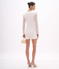 White Lace Romper with Pearl Applique with Long Sleeves and Pockets
