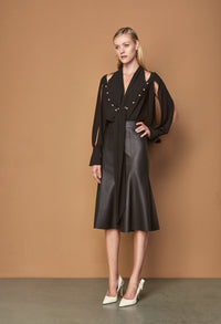 Black Long Sleeve Bodysuit with Tie and Pearl Details
